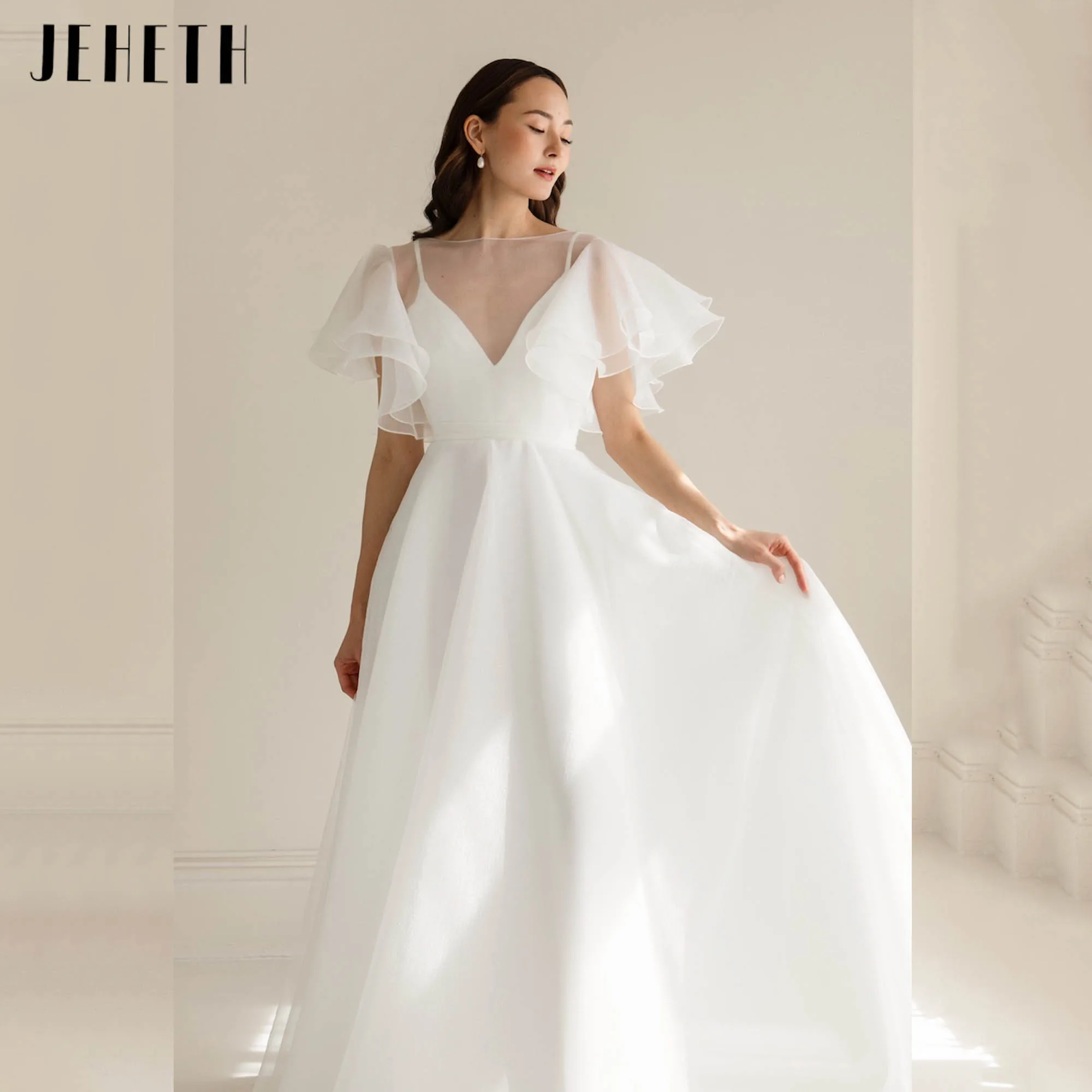 JEHETH Simplism Organza Wedding Dress With Batwing Sleeves A-line Elegant Bridal Gowns Backless Boho vestido de noiva Customized