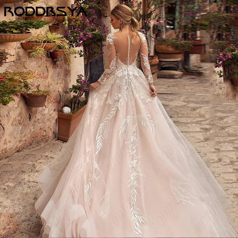 RODDRSYA Luxury A-line Wedding Dress For Bride Long Sleeve Appliques Princess Vestidos De Noiva Illusion Button Back Customized