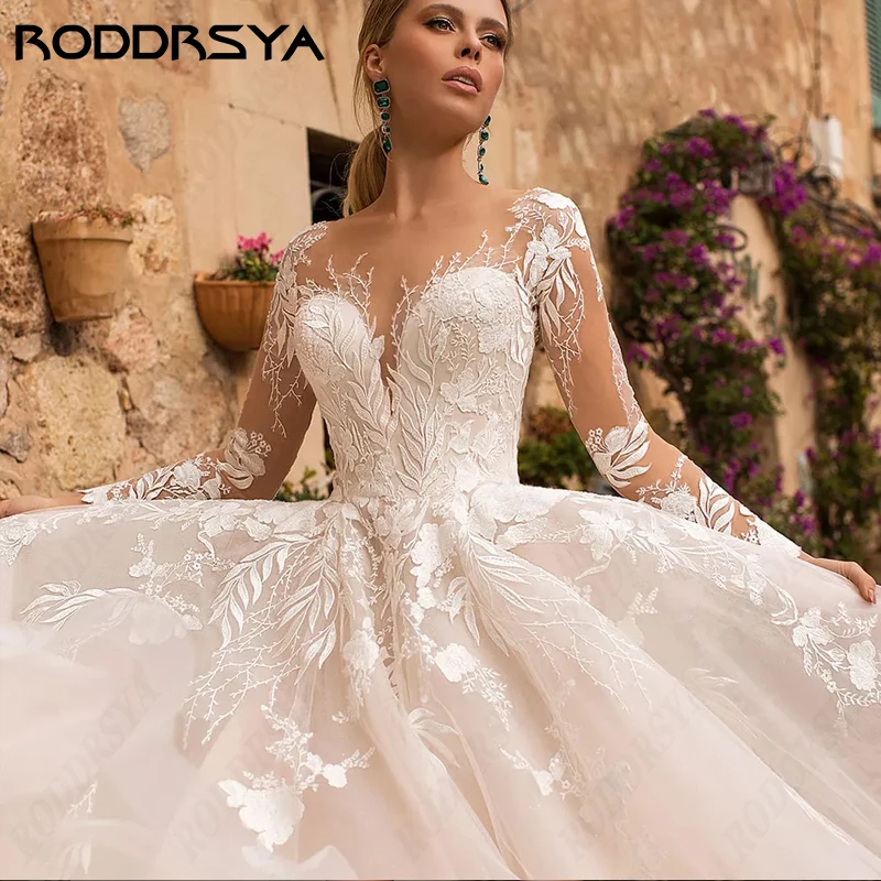 RODDRSYA Luxury A-line Wedding Dress For Bride Long Sleeve Appliques Princess Vestidos De Noiva Illusion Button Back Customized