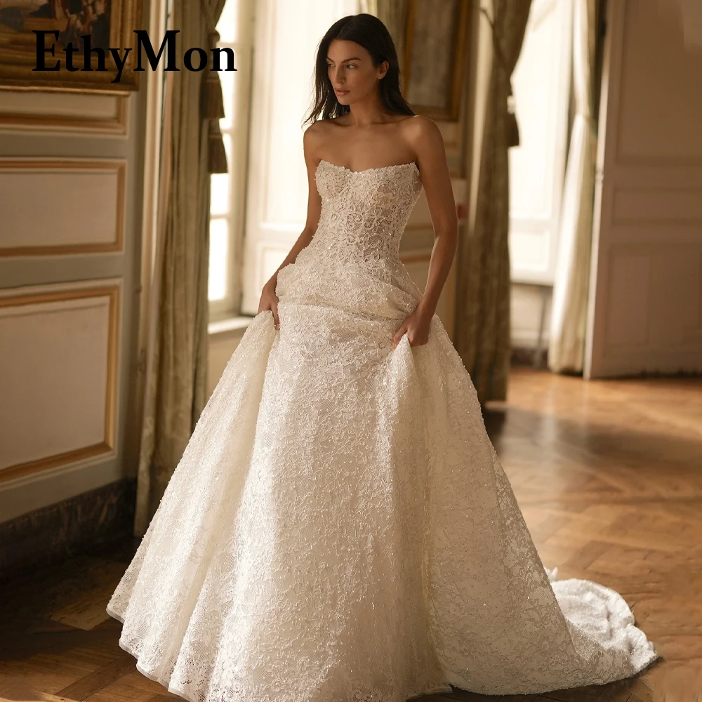 Ethymon Fairytale Lace Appliques Wedding Gown Sleeveless Pearls Court Train A-line V-neck Vestido De Casamento Customized