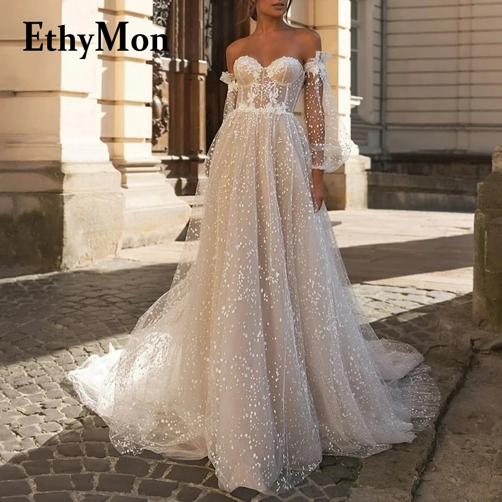 Ethymon Fairytale Lace Appliques Wedding Gown Sleeveless Pearls Court Train A-line V-neck Vestido De Casamento Customized