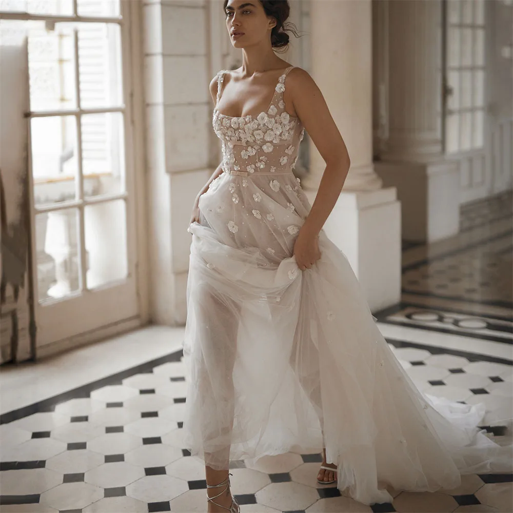 Ethymon Fairytale Lace Appliques Wedding Gown Sleeveless Pearls Court Train A-line V-neck Vestido De Casamento Customized