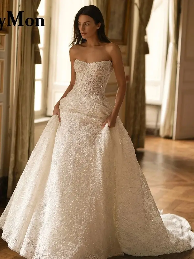 Ethymon Fairytale Lace Appliques Wedding Gown Sleeveless Pearls Court Train A-line V-neck Vestido De Casamento Customized