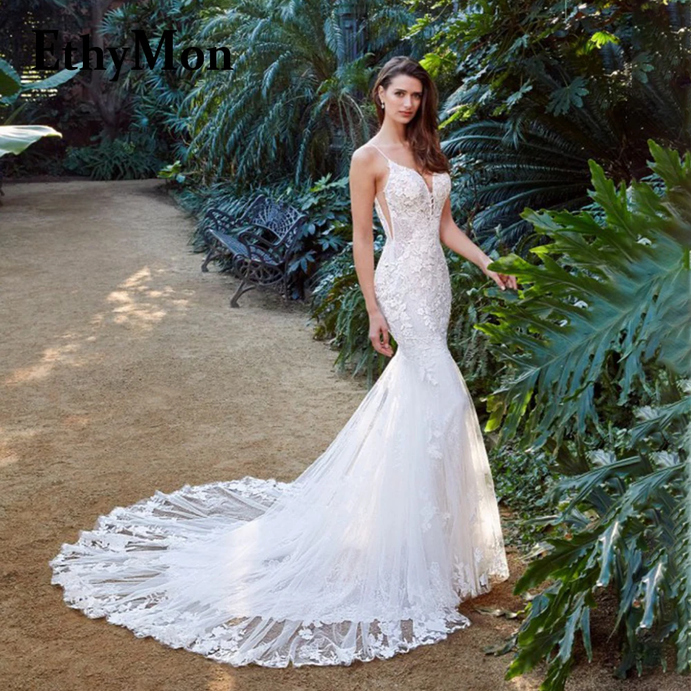 Ethymon Fairytale Lace Appliques Wedding Gown Sleeveless Pearls Court Train A-line V-neck Vestido De Casamento Customized