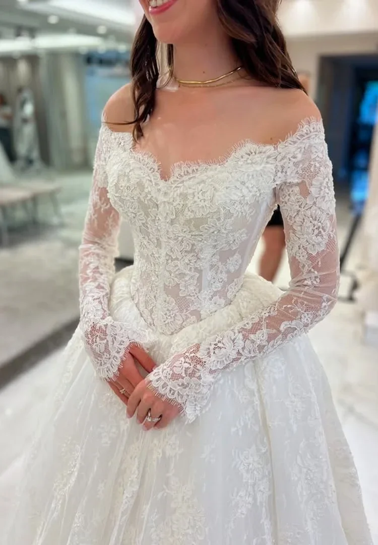 Lace Wedding Dress Vestido De Novia Manga Larga Elegante Ball Gown Vintage Minimalista Alta Costura Boda Civil Customized