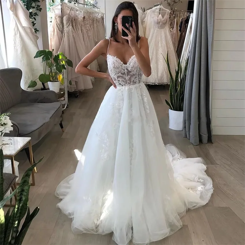 Customized Elegant Wedding Dresses Women Lace Applique Tulle Wedding Gowns A-Line Sweep Train Boho Bride Dress vestidos de novia
