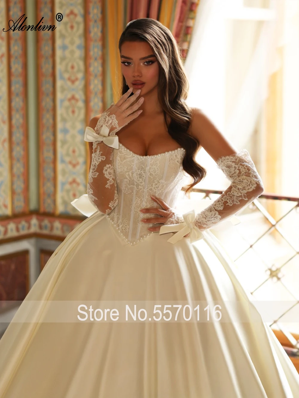Alonlivn Custom Made Luxury Satin Ball Gown Wedding Dresses Removable Sleeves Beaded Pearls Lace Boat Neck Princess Bridal Gowns