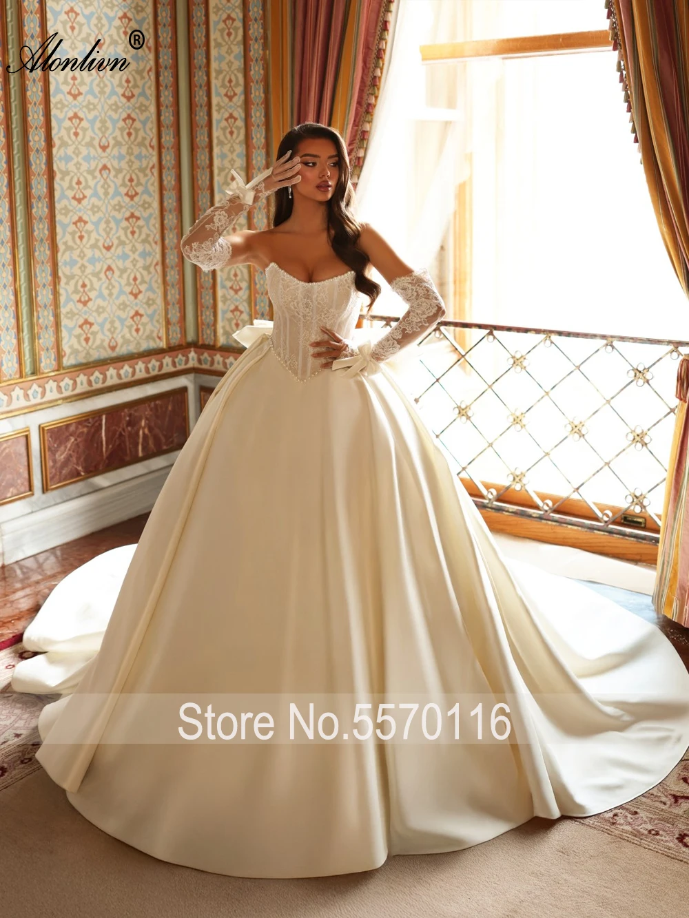 Alonlivn Custom Made Luxury Satin Ball Gown Wedding Dresses Removable Sleeves Beaded Pearls Lace Boat Neck Princess Bridal Gowns