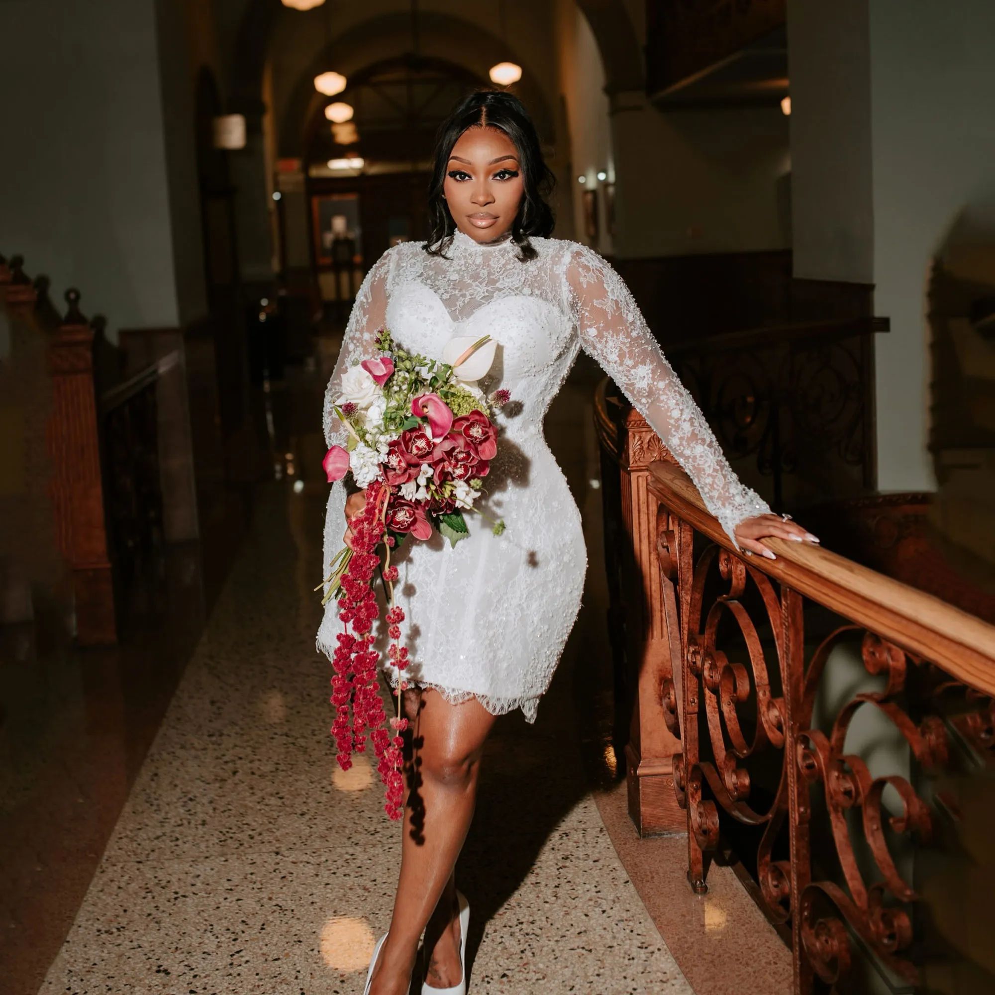 Civil Wedding Dress High Neck Full Lace Long Sleeve Applique Corset Mini Bride Gown Plus Size Short After Party Dress Customized