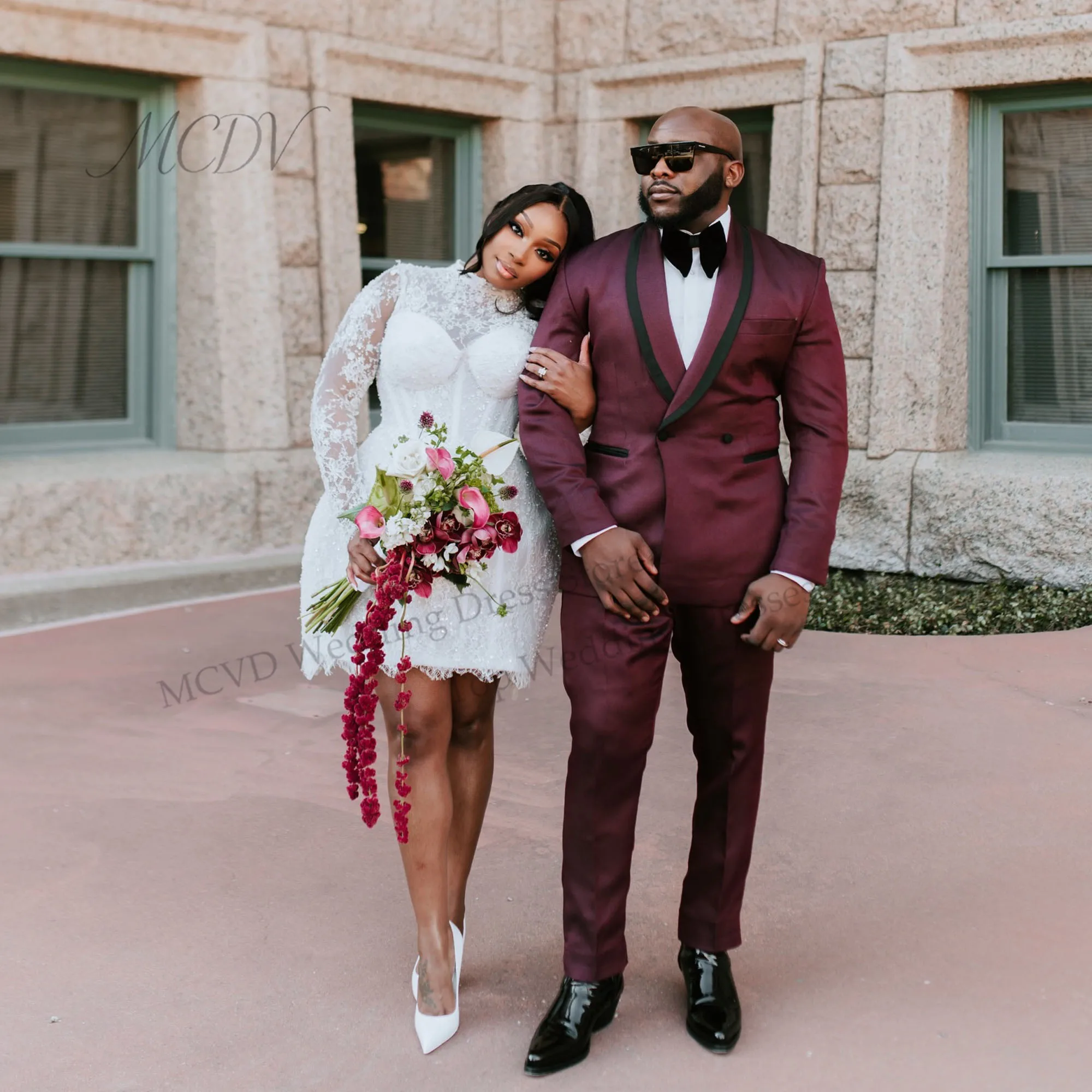 Civil Wedding Dress High Neck Full Lace Long Sleeve Applique Corset Mini Bride Gown Plus Size Short After Party Dress Customized