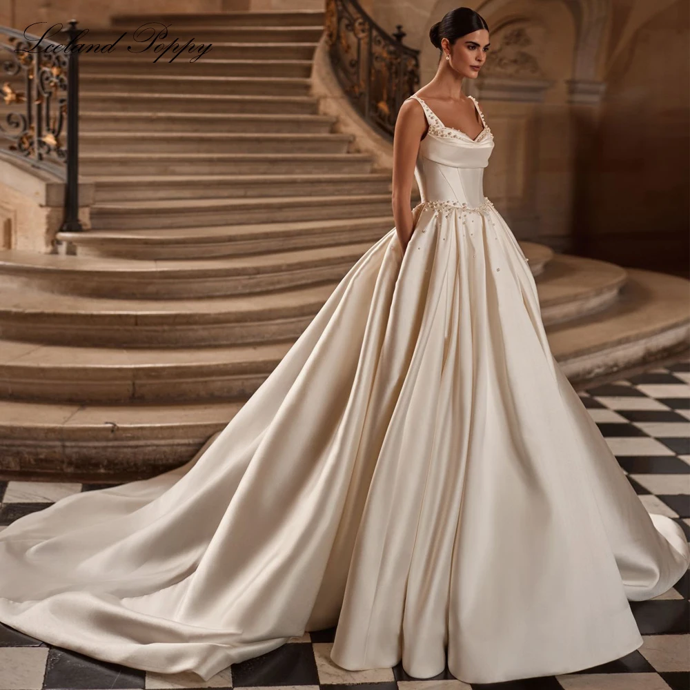 Lceland Poppy Customized A Line Mikado Satin Wedding Dresses Pleated Sleeveless Beaded Bridal Gowns with Chapel Train