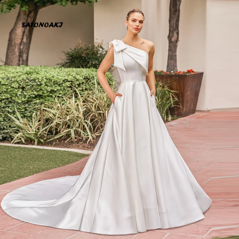 Customized Simple One Shoulder Satin Wedding Dress for Bride Backless A-line Princess Bridal Gown with Pockets Vestidos De Novia