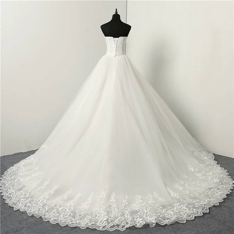 Cheap Fashion Simple Classic Ball Gown ivory Wedding Dress Lace Up Sweet Strapless Sleeveless vestido de noiva lace Appliques