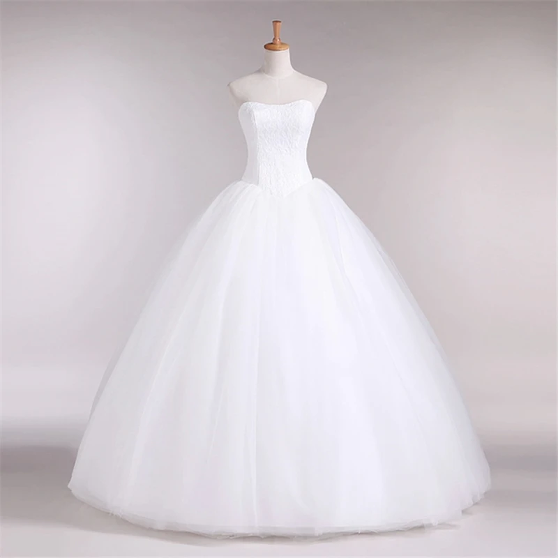 Cheap Fashion Simple Classic Ball Gown ivory Wedding Dress Lace Up Sweet Strapless Sleeveless vestido de noiva lace Appliques
