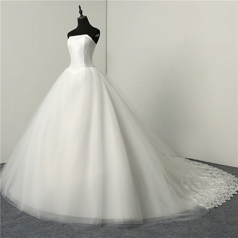 Cheap Fashion Simple Classic Ball Gown ivory Wedding Dress Lace Up Sweet Strapless Sleeveless vestido de noiva lace Appliques