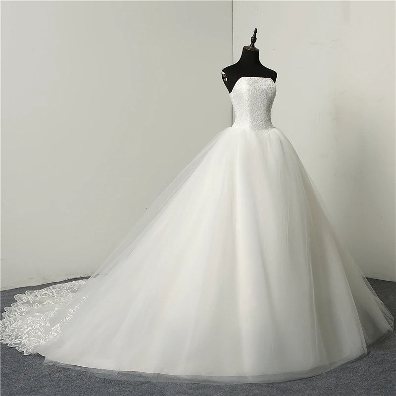 Cheap Fashion Simple Classic Ball Gown ivory Wedding Dress Lace Up Sweet Strapless Sleeveless vestido de noiva lace Appliques