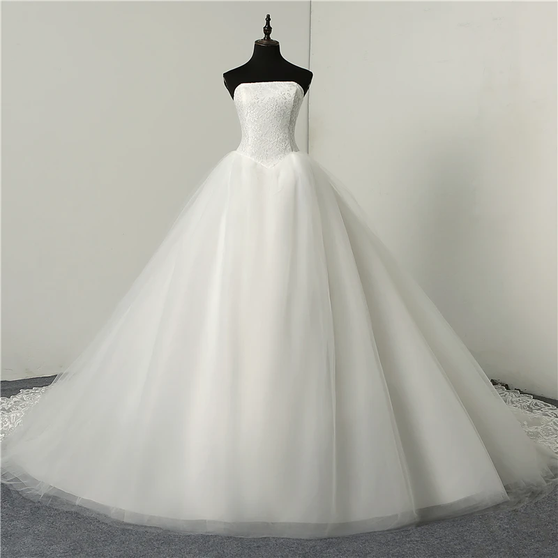 Cheap Fashion Simple Classic Ball Gown ivory Wedding Dress Lace Up Sweet Strapless Sleeveless vestido de noiva lace Appliques