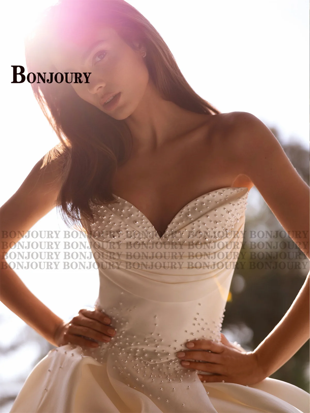 BONJOURY Graceful Wedding Dresses for Women A-line Beading Sleeveless Button Court Train Vestidos Novias Boda Customized