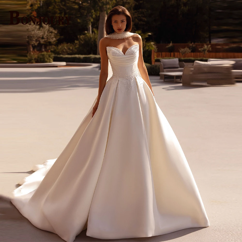 BONJOURY Graceful Wedding Dresses for Women A-line Beading Sleeveless Button Court Train Vestidos Novias Boda Customized