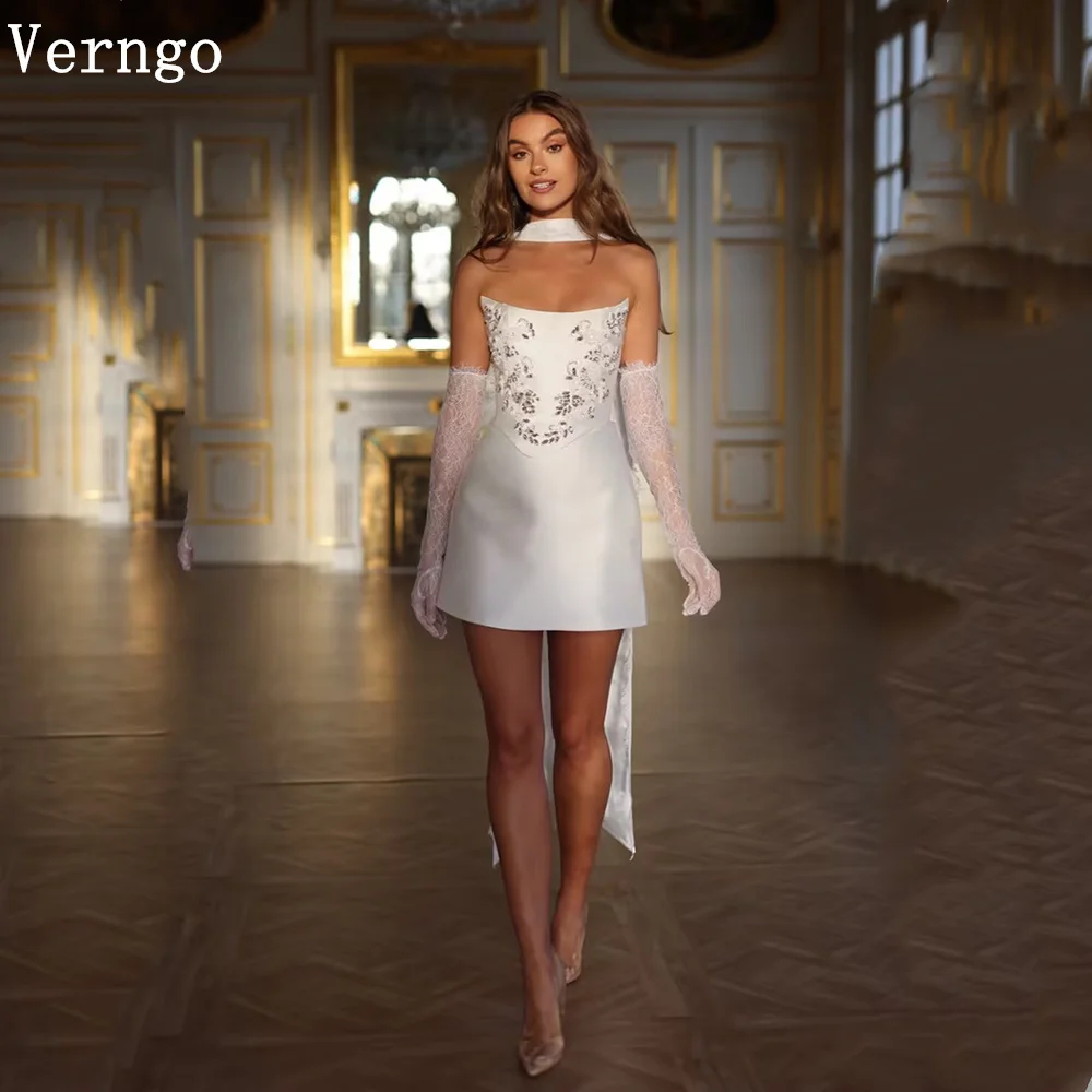 Verngo lvory Satin Sequined Appliques Mini Wedding Dresses Drapted Train Short Bridal Gowns Women Elegant Bride Dress Customized
