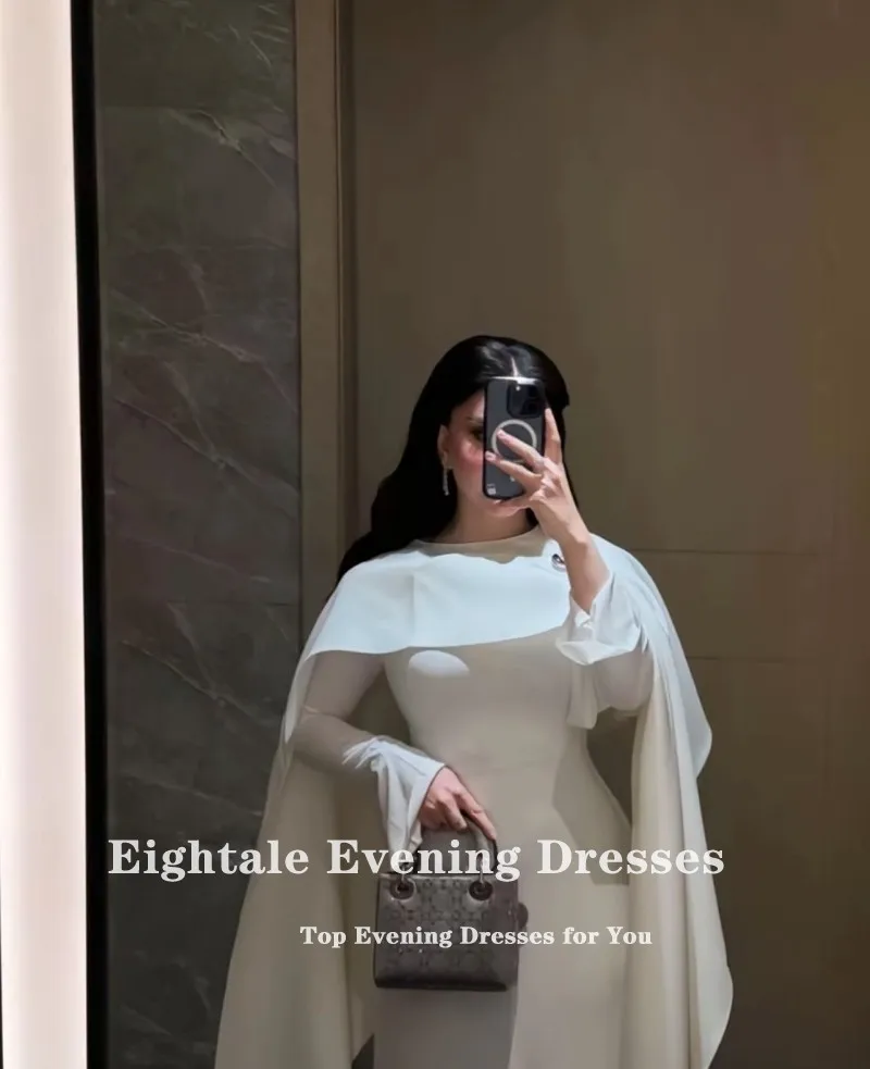 Eightale Muslim Wedding Dress O-Neck Satin Customized White Ivory Mermaid Shawl Arabic Bridal Gown Long Sleeves Vestido De Noiva