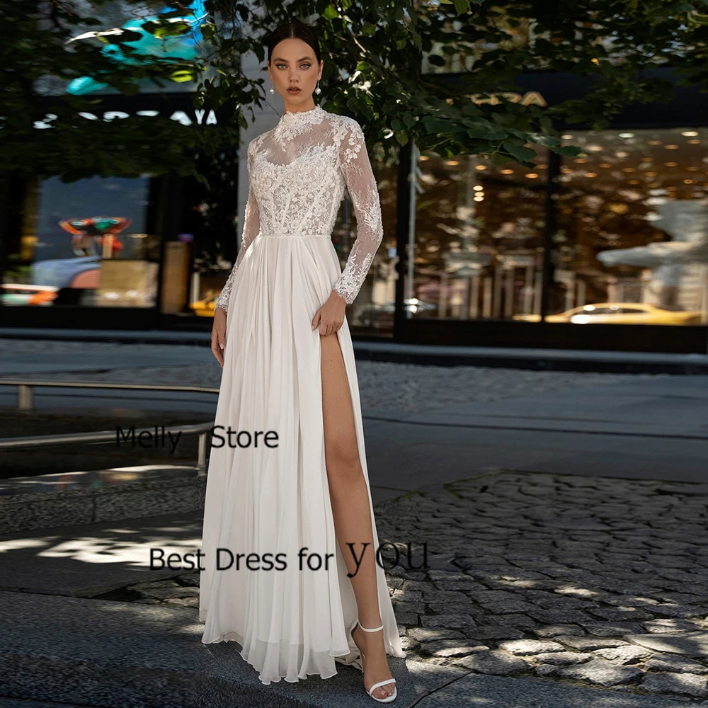 Fashion Wedding Dresses Side Slit Ivory Bridal Gowns Court Train Full Sleeve New Vestido De Novia High Neck Robe De Summer New