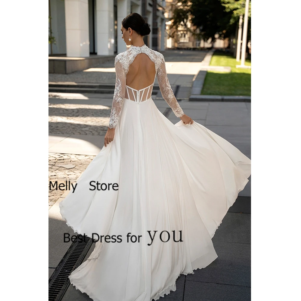 Fashion Wedding Dresses Side Slit Ivory Bridal Gowns Court Train Full Sleeve New Vestido De Novia High Neck Robe De Summer New