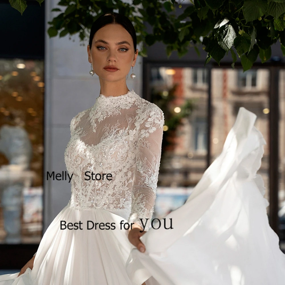 Fashion Wedding Dresses Side Slit Ivory Bridal Gowns Court Train Full Sleeve New Vestido De Novia High Neck Robe De Summer New