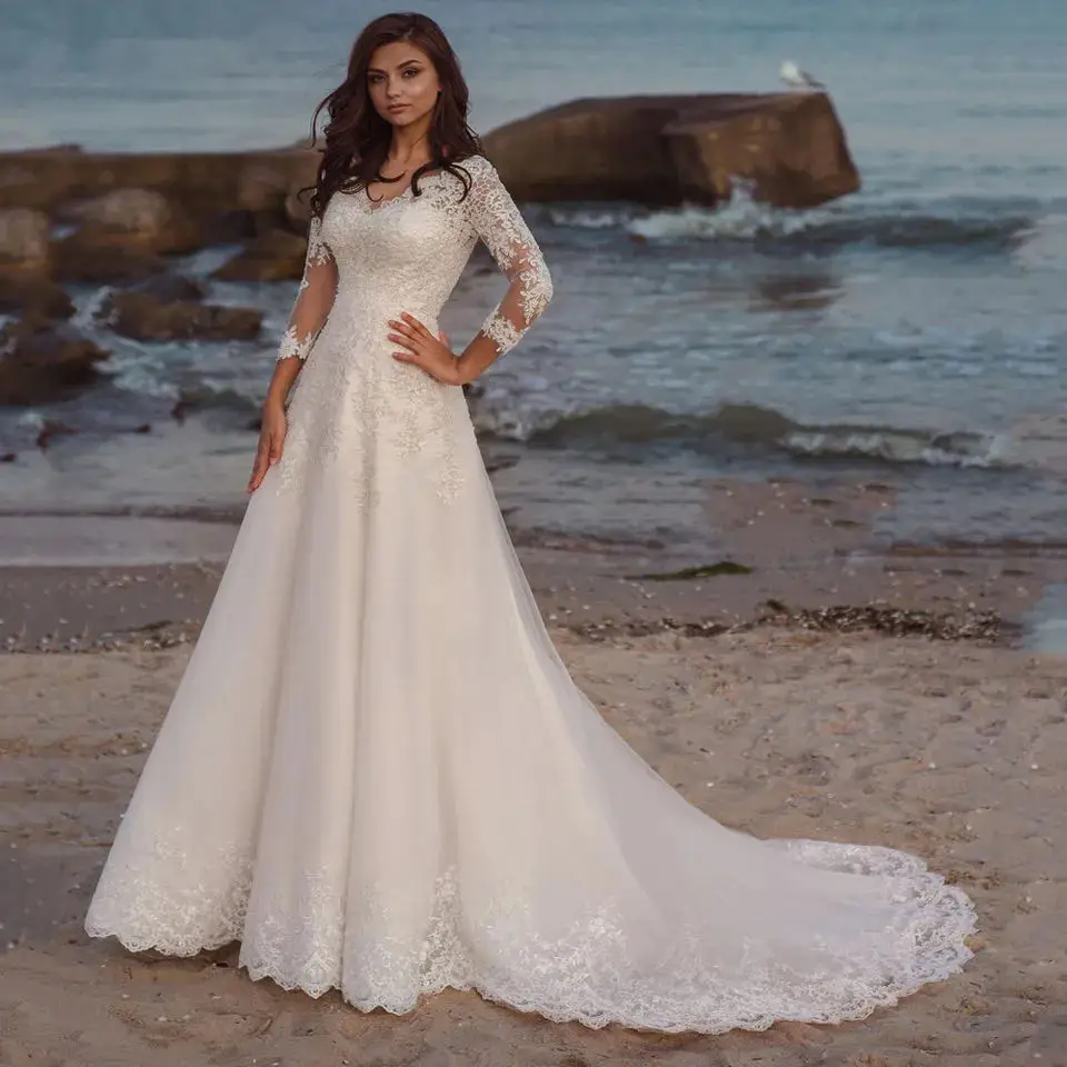 Customized Long Wedding Dress Eleagnt 3/4 Sleeves V Neck Lace Appliques A Line Tulle Bridal For Women Robe De Mariee Summer