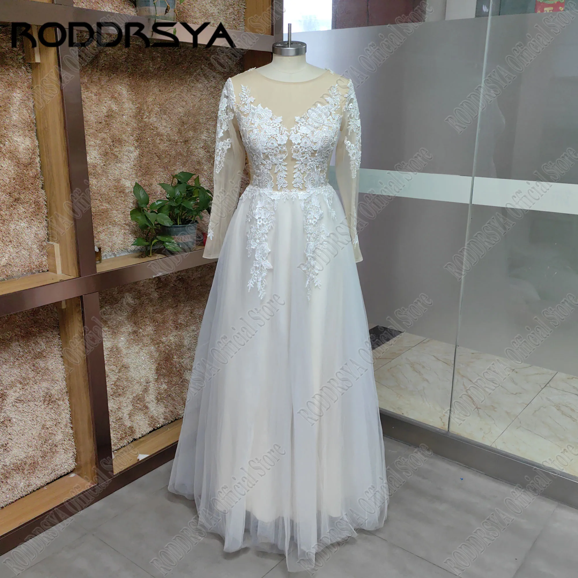 RODDRSYA Bohemian Long Sleeve Wedding Dress Women A Line See Through Lace Appliqued Beach Bridal Dress Wedding Gowns Customized