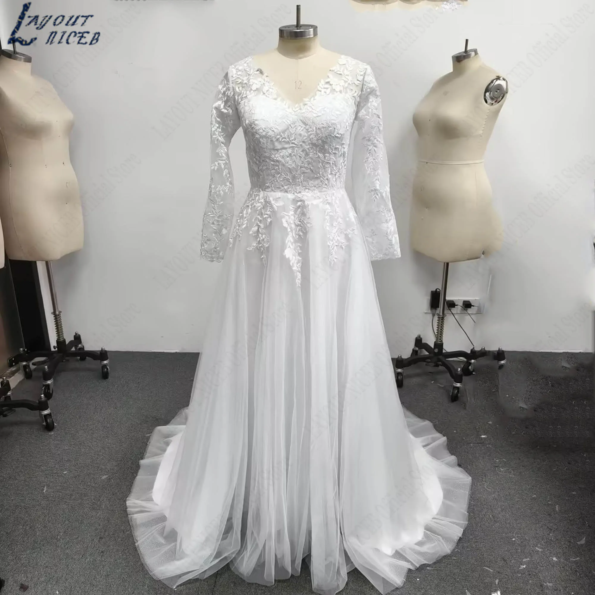Tulle Appliques Wedding Dresses Women Long Sleeves A-line V-neck Plus Size Princess Bride Gowns 2026 vestido de novia Customized