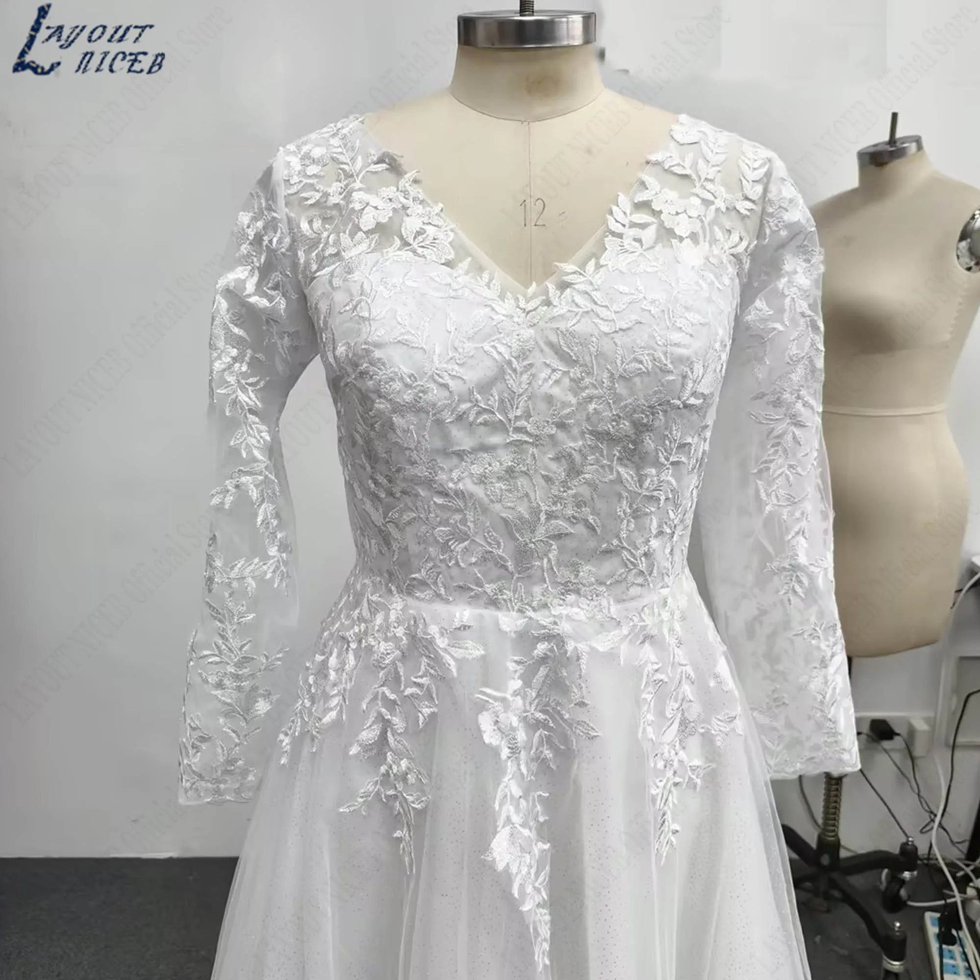 Tulle Appliques Wedding Dresses Women Long Sleeves A-line V-neck Plus Size Princess Bride Gowns 2026 vestido de novia Customized
