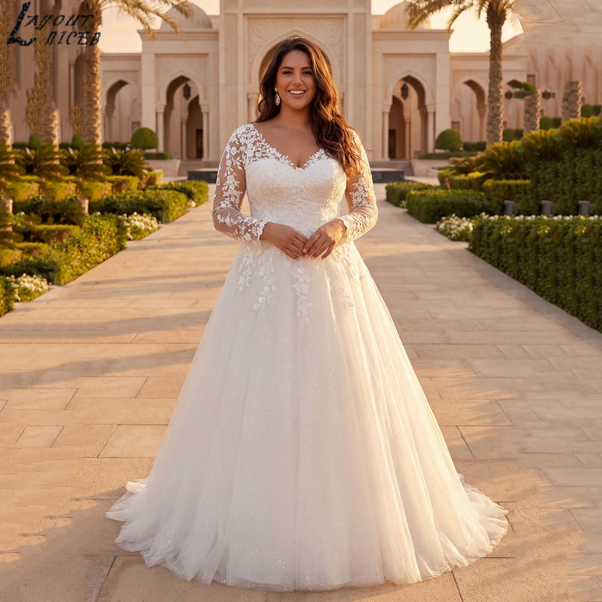 Tulle Appliques Wedding Dresses Women Long Sleeves A-line V-neck Plus Size Princess Bride Gowns 2026 vestido de novia Customized