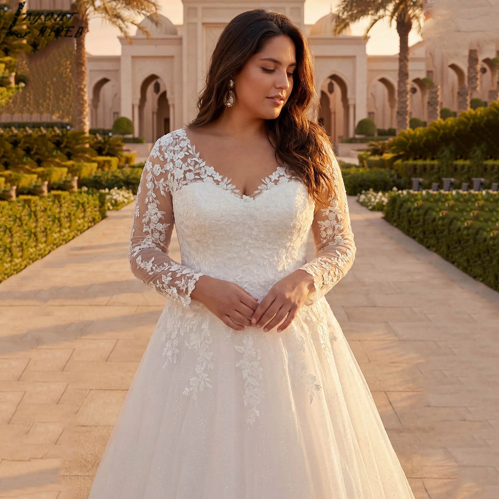 Tulle Appliques Wedding Dresses Women Long Sleeves A-line V-neck Plus Size Princess Bride Gowns 2026 vestido de novia Customized