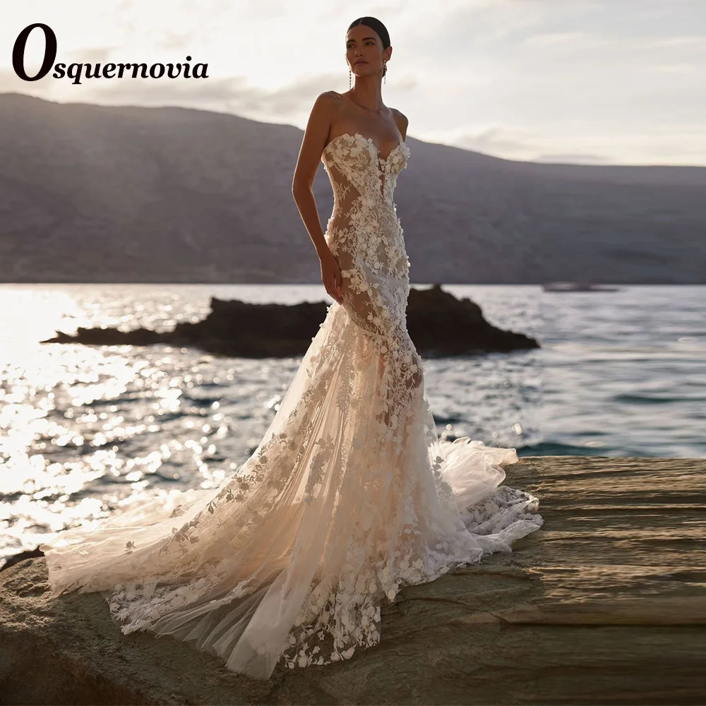 Osquernovia Charming 3D Flowers Wedding Dresses for Women Lace Appliques V-Neck Mermaid Bridal Gown Vestido De Noiva Customised