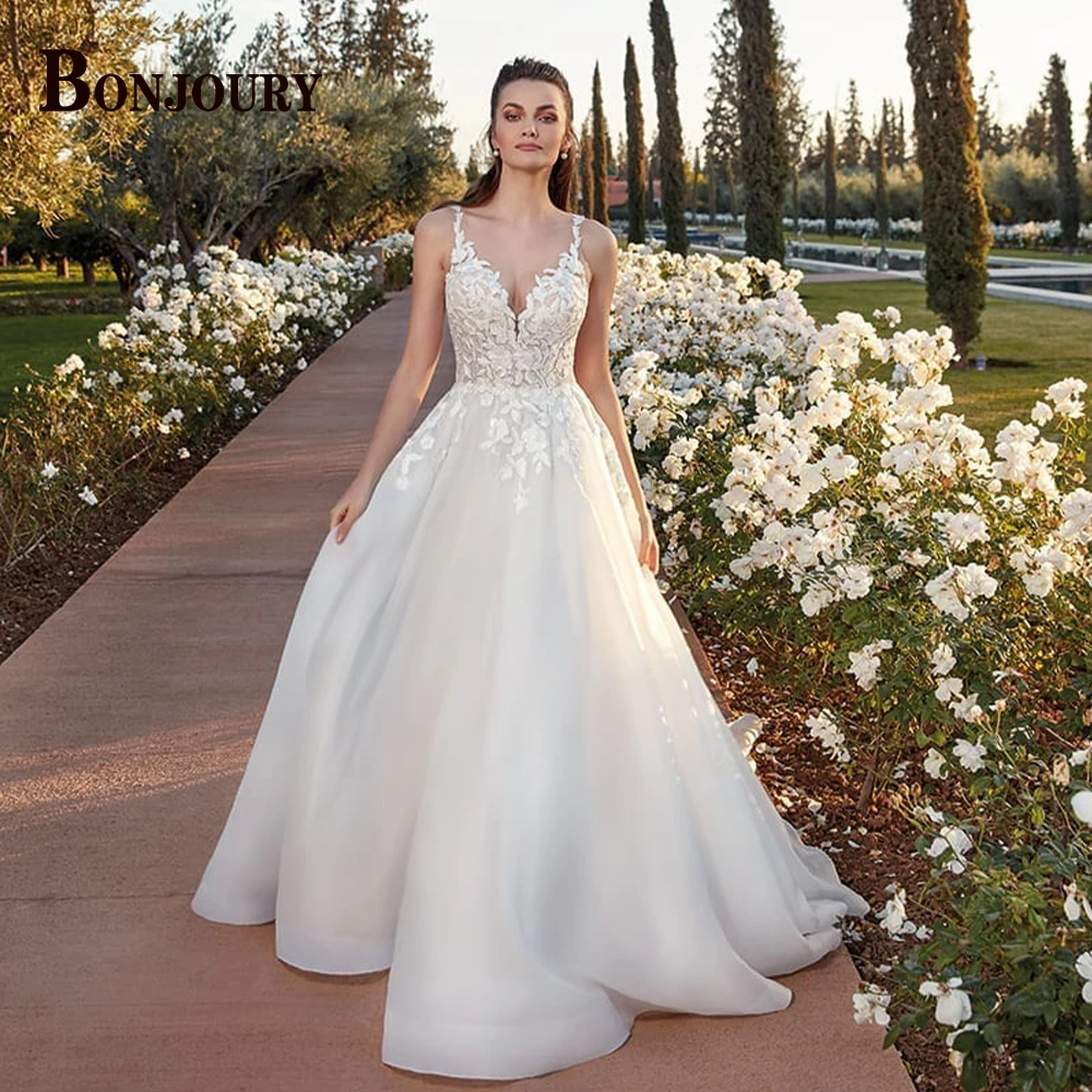 BONJOURY Classic Off the Shoulder Wedding Dresses for Bride Lace Appliques Sweetheart Pleat A-line Abito Da Sposa Customized