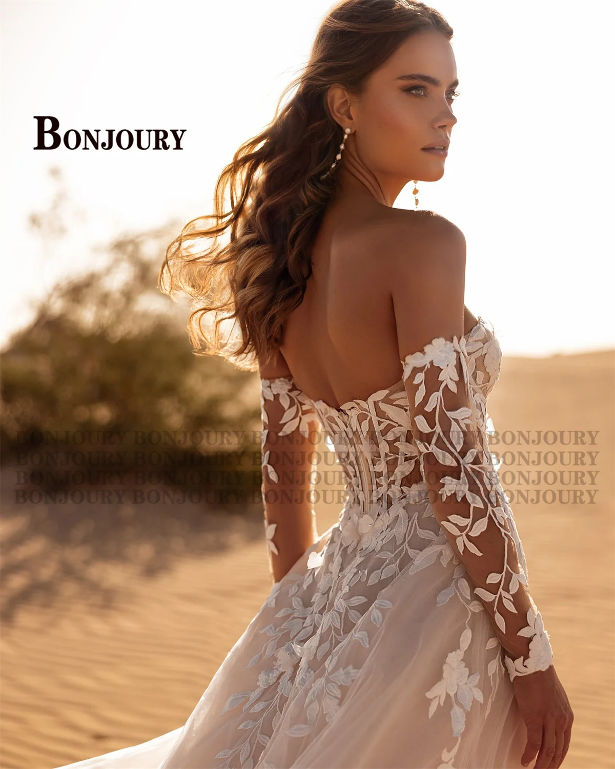 BONJOURY Classic Off the Shoulder Wedding Dresses for Bride Lace Appliques Sweetheart Pleat A-line Abito Da Sposa Customized