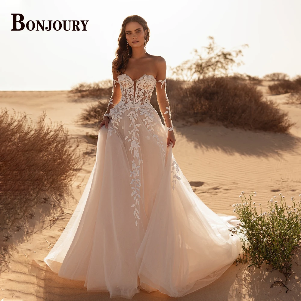 BONJOURY Classic Off the Shoulder Wedding Dresses for Bride Lace Appliques Sweetheart Pleat A-line Abito Da Sposa Customized