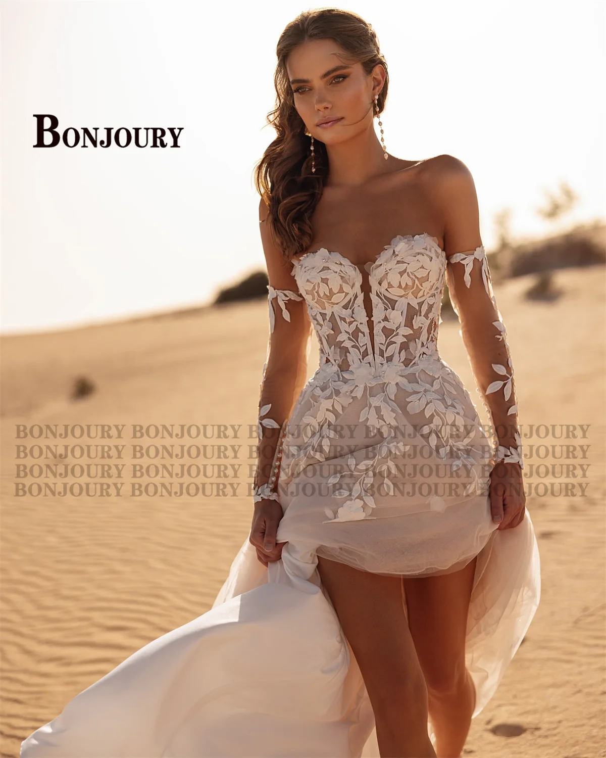 BONJOURY Classic Off the Shoulder Wedding Dresses for Bride Lace Appliques Sweetheart Pleat A-line Abito Da Sposa Customized
