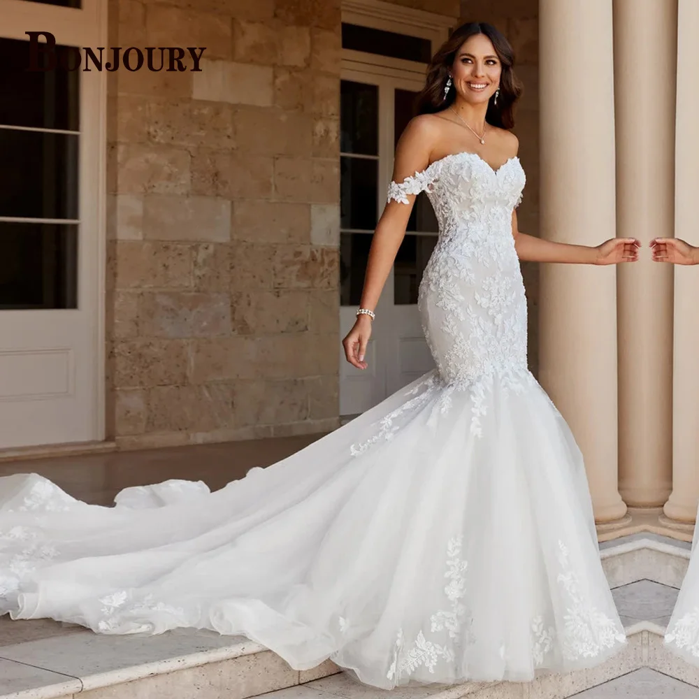 BONJOURY Classic Off the Shoulder Wedding Dresses for Bride Lace Appliques Sweetheart Pleat A-line Abito Da Sposa Customized