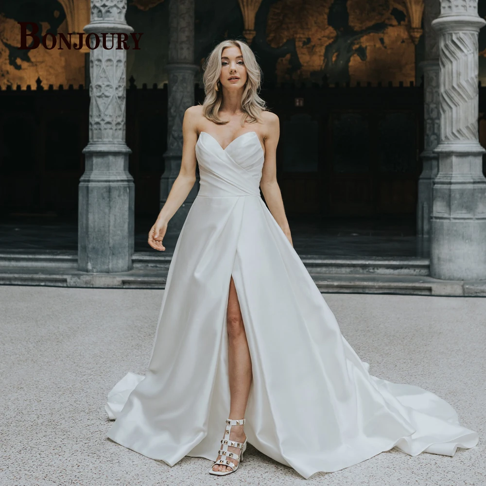 BONJOURY Classic Off the Shoulder Wedding Dresses for Bride Lace Appliques Sweetheart Pleat A-line Abito Da Sposa Customized