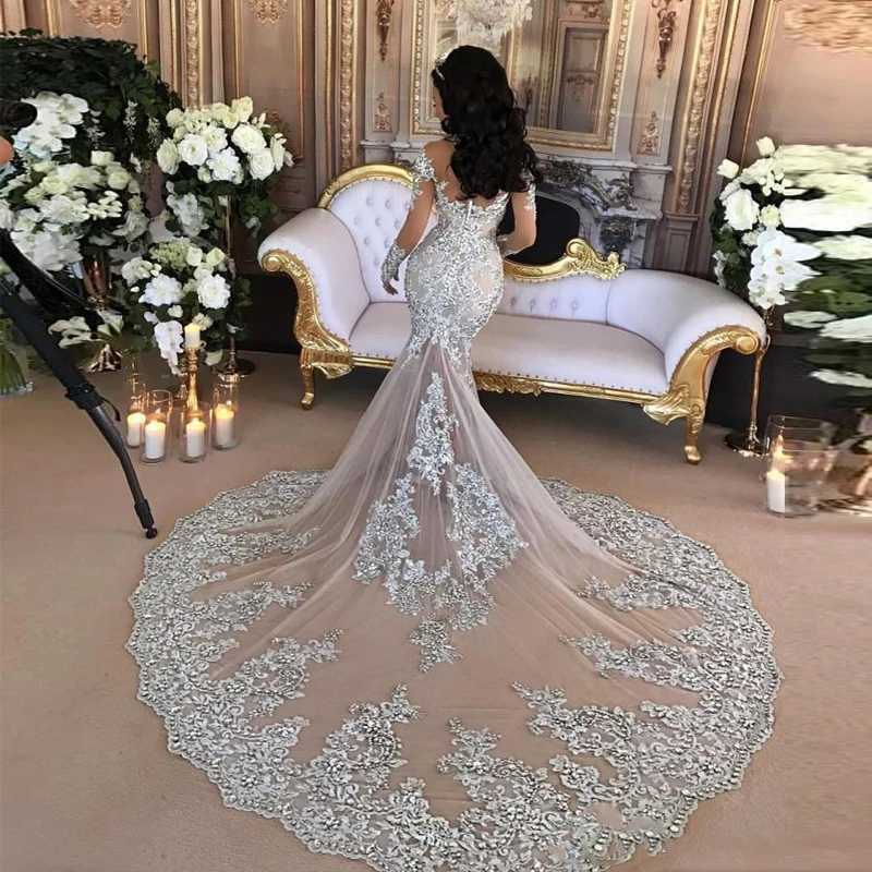 Customized Lace Mermaid Muslim Wedding Dress with Long Sleeves High Neck Saudi Arabia Bridal Gowns Dubai African Bride Dress