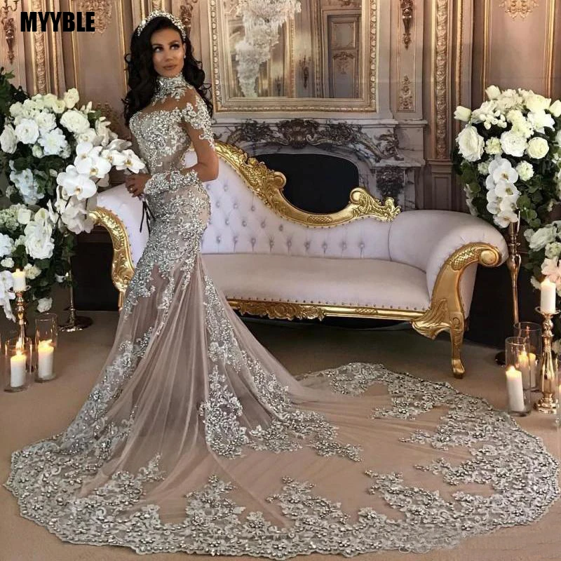 Customized Lace Mermaid Muslim Wedding Dress with Long Sleeves High Neck Saudi Arabia Bridal Gowns Dubai African Bride Dress