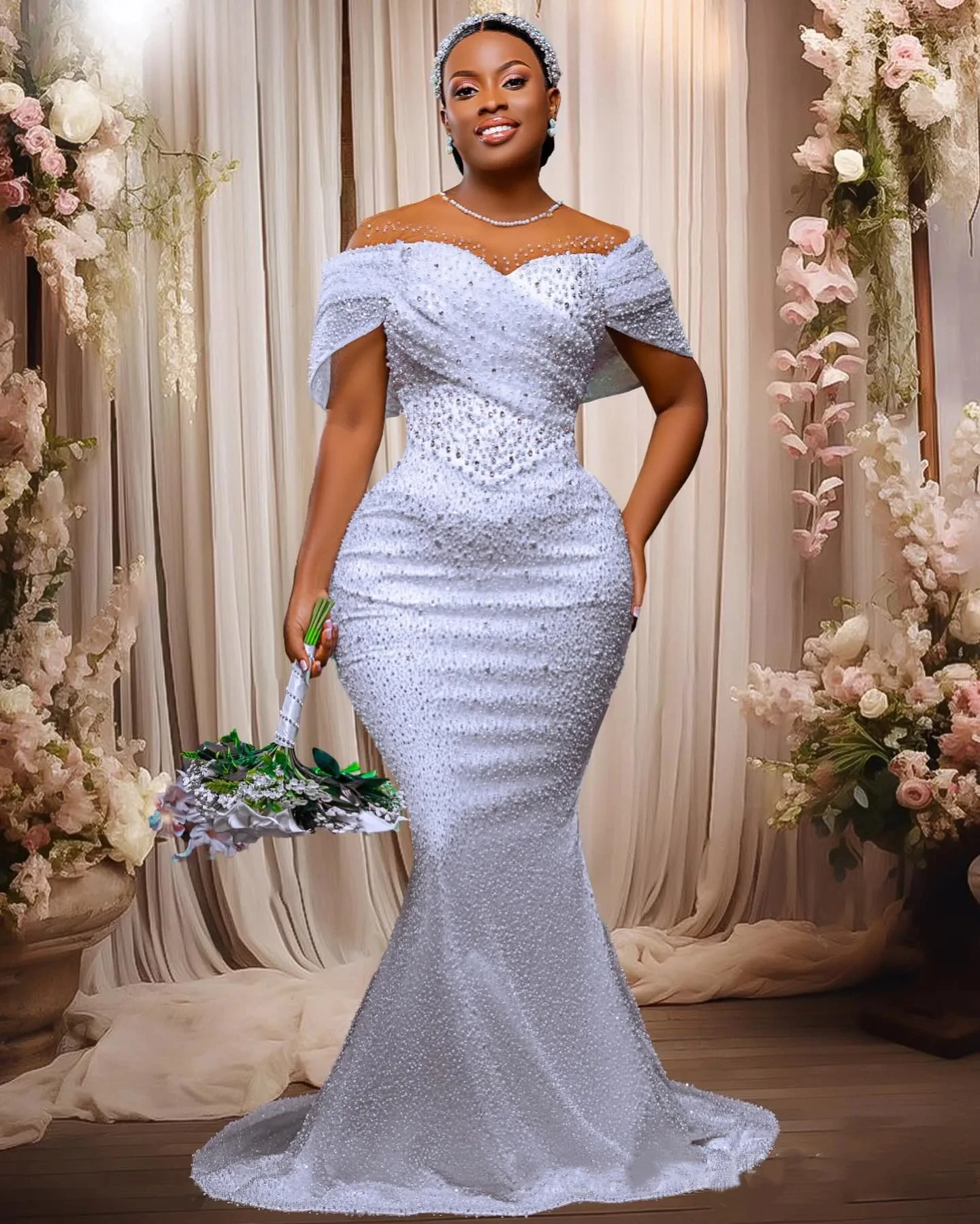 Luxury Mermaid Wedding Dresses Off The Shoulder Illusion Neck Beaded Bridal Dresses Detachable African Women Vestido De Novia
