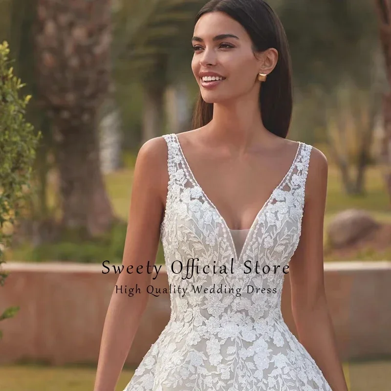 Elegant Wedding Dress Organza With Embroidery Lace A-Line Floor Length Bridal V-Neck Sleeveless Vestido De Novia Customized
