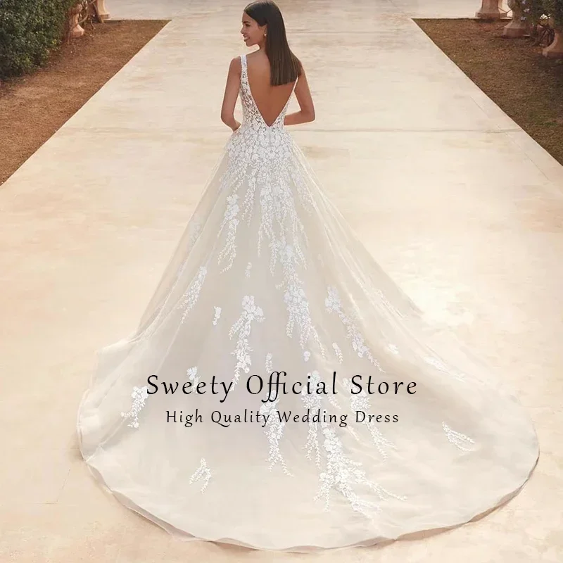Elegant Wedding Dress Organza With Embroidery Lace A-Line Floor Length Bridal V-Neck Sleeveless Vestido De Novia Customized