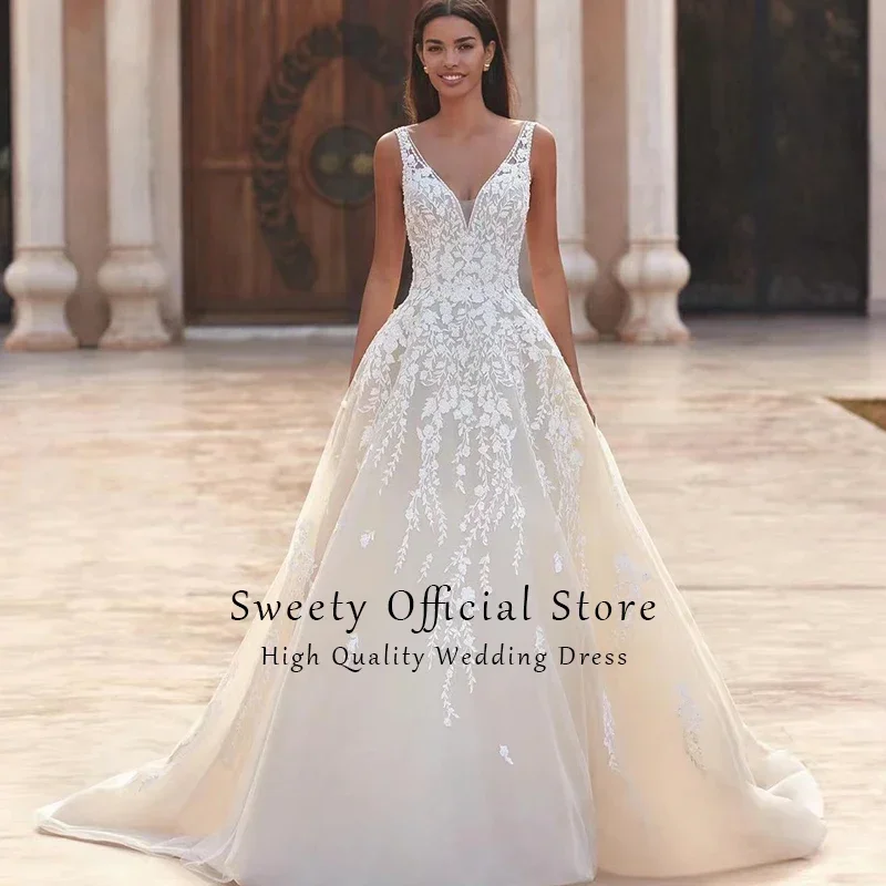 Elegant Wedding Dress Organza With Embroidery Lace A-Line Floor Length Bridal V-Neck Sleeveless Vestido De Novia Customized