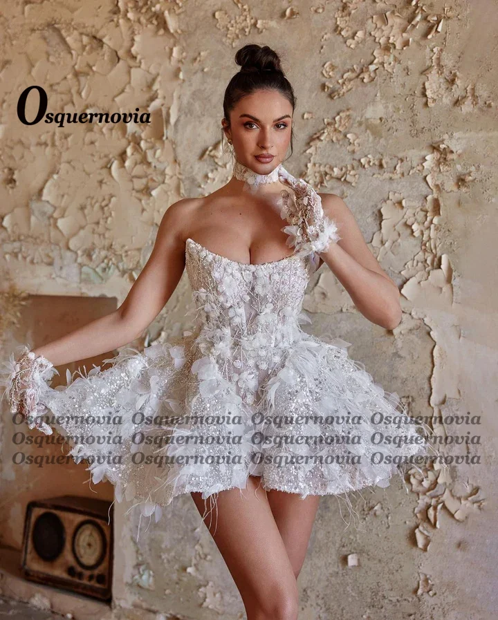 Osquernovia Charming Strapless Wedding Dresses Lace Appliques Feather A-line no gloves Bridal Gown Robes De Mariée Customised