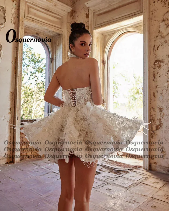 Osquernovia Charming Strapless Wedding Dresses Lace Appliques Feather A-line no gloves Bridal Gown Robes De Mariée Customised