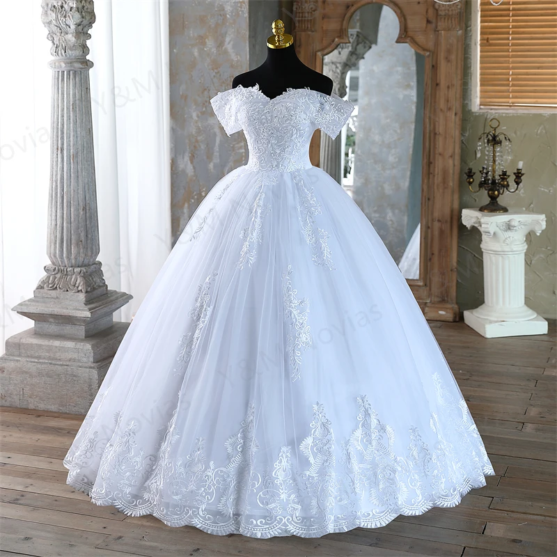 Customized Ivory Off The Shoulder Women Gown Princess White Wedding Dresses for Brides Floor or Train With Lace Edge Real Video